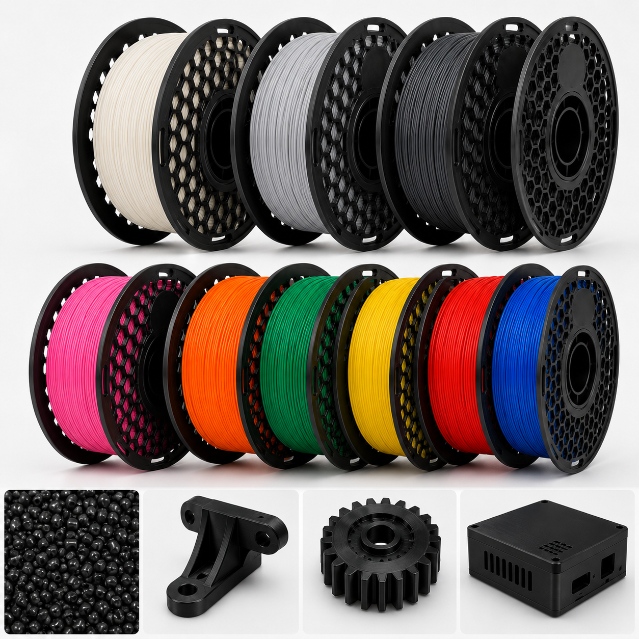 SAF ABS premium 3D printer filament in multiple colours with printed sample parts