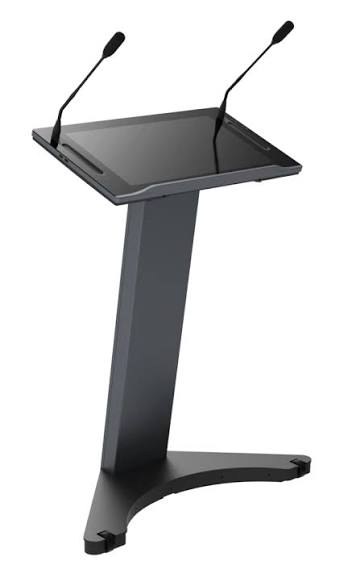 MAXHUB SL22MC Smart Lectern front view with dual gooseneck microphones