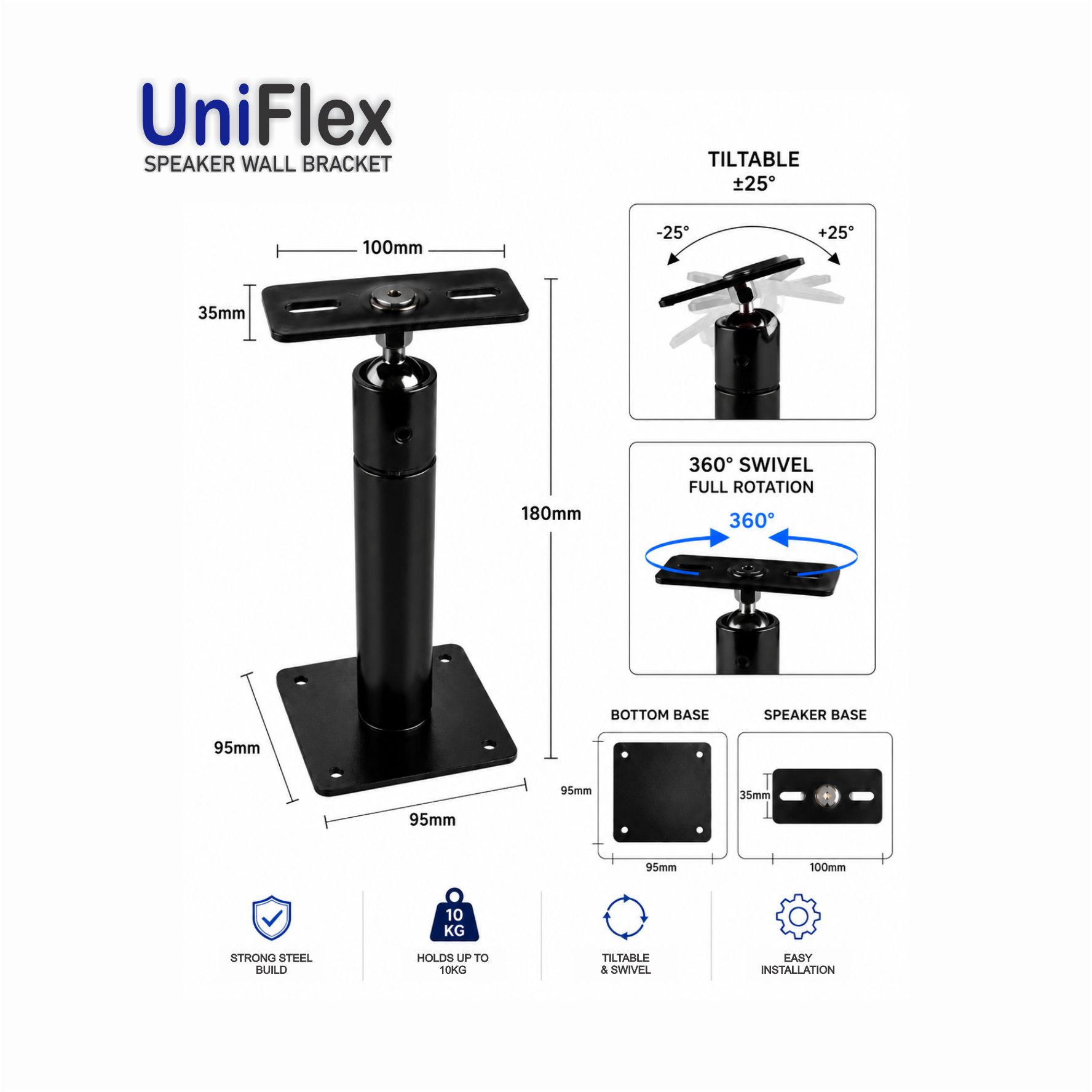 UniFlex 10kg speaker wall bracket dimensions and features