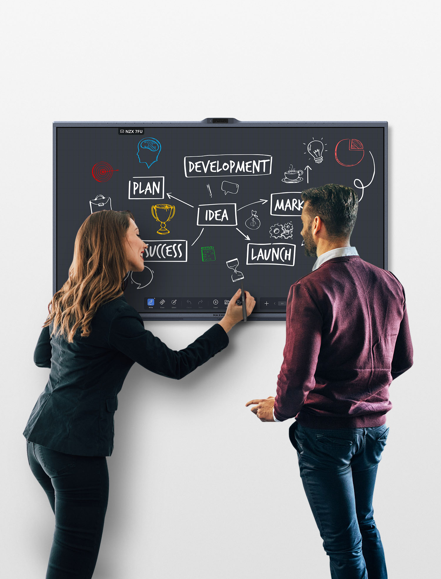 Professionals collaborating on the MAXHUB XBoard V7 touchscreen
